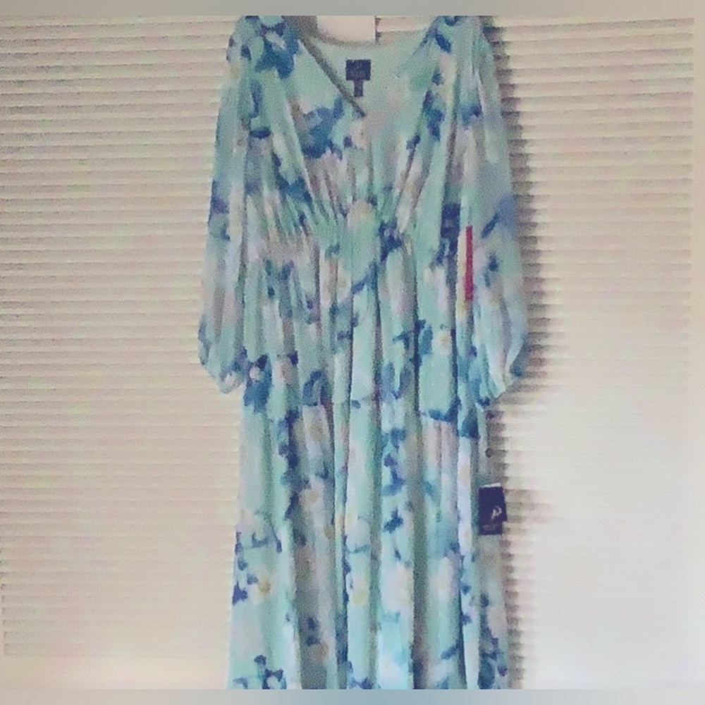 NWT Adrianna Papell Dress, floral Chiffon Maxi 16W aqua, teal, white long sleeve - Picture 3 of 9